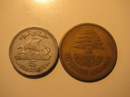 Foreign Coins:  Lebanon 1952 5 & 25 Piastres
