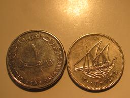 Foreign Coins: Kuwait 50 Felsa & United Arab Emirates 1 Dirham