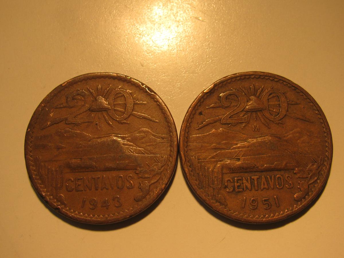 Foreign Coins: 1943 & 1951 Mexico 20 Centavos