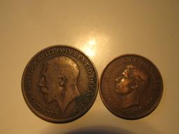 Foreign Coins: Great Britain 1917 (WWI) Penny & 1949 1/2 Penny