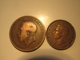 Foreign Coins: Great Britain 1921 Penny & 1946 1/2 Penny