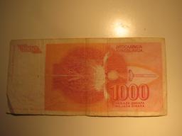 Foreign Currency: 1992 Yugoslavia 1,000 Dinara