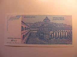 Foreign Currency: 1994 Yugoslavia 5,000 Dinara