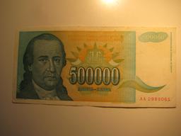 Foreign Currency: 1993 Yugoslavia 500,000 Dinara