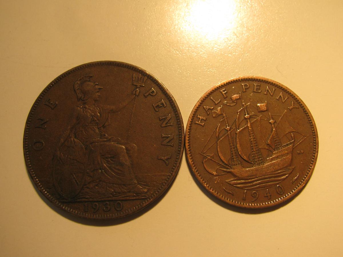 Foreign Coins: Great Britain 1930 Penny & 1940 (WWII)  1/2 Penny