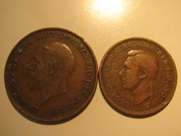 Foreign Coins: Great Britain 1934 Penny & 1937 1/2 Penny