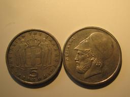 Foreign Coins: Greece 1954 5 & 1988 20 Drachmas