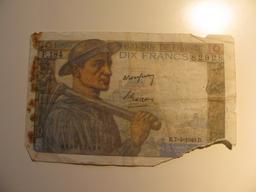 Foreign Currency: 1949 France 10 Francs (Damaged)