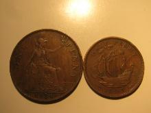 Foreign Coins: Great Britain 1934 Penny & 1939 (WWII) 1/2 Penny