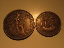 Foreign Coins: Great Britain 1934 Penny & 1941 (WWII) 1/2 Penny