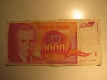 Foreign Currency: 1992 Yugoslavia 1,000 Dinara