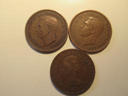 Foreign Coins: Great Britain 1937, 1944 & 1956 1/2 Pennies
