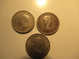 Foreign Coins: 1943, 48 & 49 Great Britain 6 Pences
