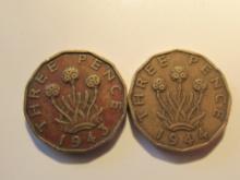 Foreign Coins: 1943, 48 & 49 Great Britain 6 Pences