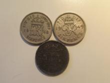 Foreign Coins: 1943, 48 & 49 Great Britain 6 Pences