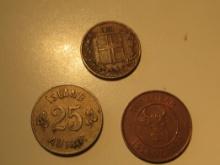 Foreign Coins:  Iceland 1958 1, 1951 25 & 1987 10 Aururs