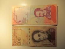 Foreign Currency: Venezuela 5 (Crisp) & 100 Bolivares