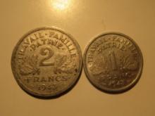 Foreign Coins: 1943 (WWII) France 1 & 2 Francs