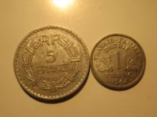 Foreign Coins: France 1944 (WWI) 1 & 1945 (WWII)  5 Francs