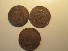 Foreign Coins: Great Britain 1925, 1958 & 1965 1/2 Pennies