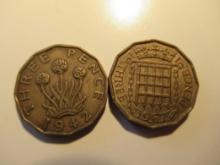 Foreign Coins: 1942 (WWII) & 1967 Great Britain 3 Pences