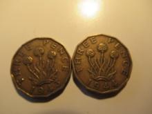 Foreign Coins: 1943 (WWII) & 1944 (WWII) Great Britain 3 Pences