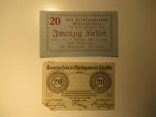 Foreign Currency: 1920 Austria 30  & 20 (UNC) Heller Notgelds