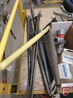 Squares, hammer, pry bar, wire stripping tool w/spare cutting heads