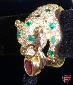 Ladies ruby, emerald and diamond panther ring