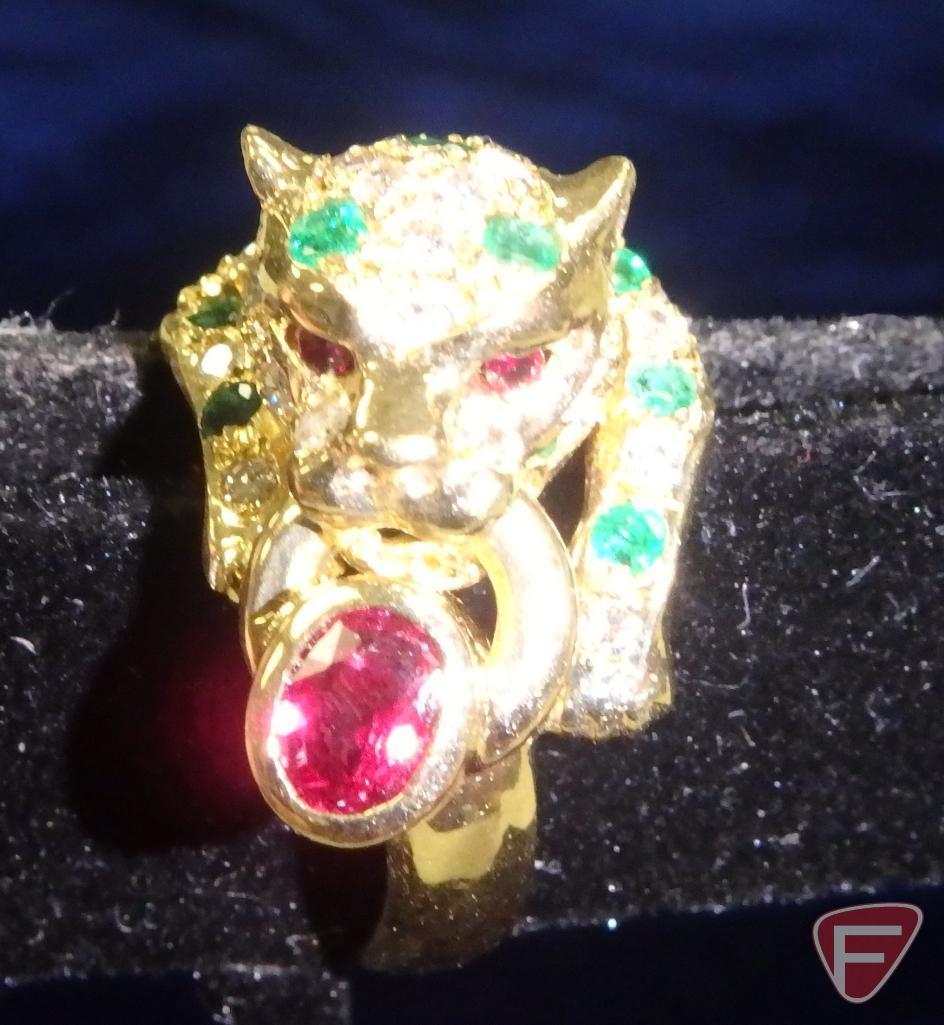 Ladies ruby, emerald and diamond panther ring
