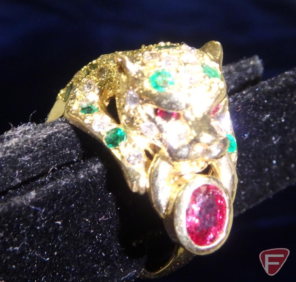 Ladies ruby, emerald and diamond panther ring