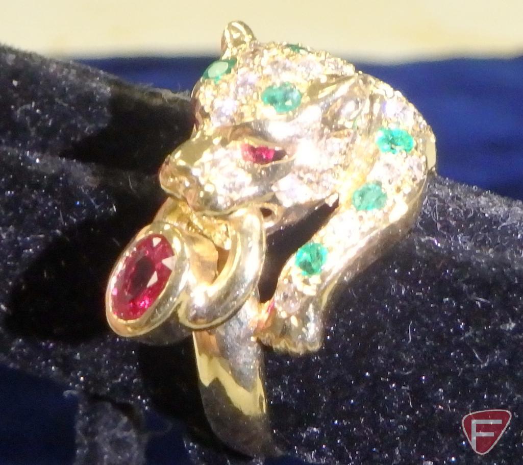 Ladies ruby, emerald and diamond panther ring
