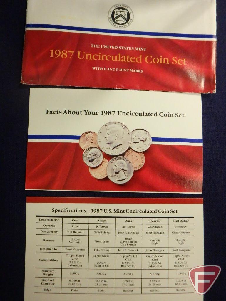 1989 US Mint uncirculated set in original packaging, 1987 US Mint uncirculated set in original