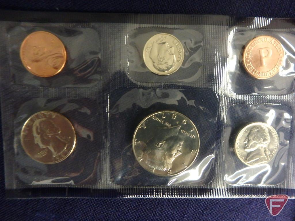 1989 US Mint uncirculated set in original packaging, 1987 US Mint uncirculated set in original