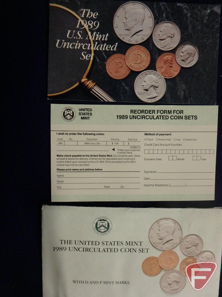 1989 US Mint uncirculated set in original packaging, 1987 US Mint uncirculated set in original