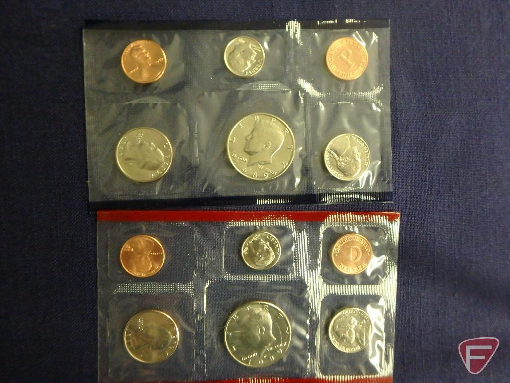 1989 US Mint uncirculated set in original packaging, 1987 US Mint uncirculated set in original