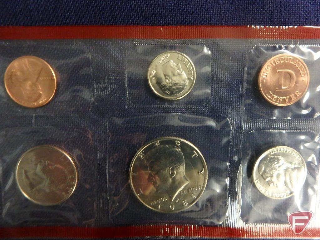 1989 US Mint uncirculated set in original packaging, 1987 US Mint uncirculated set in original