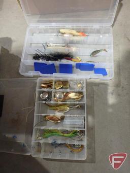 Fishing tackle in organizers: jerk baits, soft plastics, spinner baits, spoons, jigs, sinkers