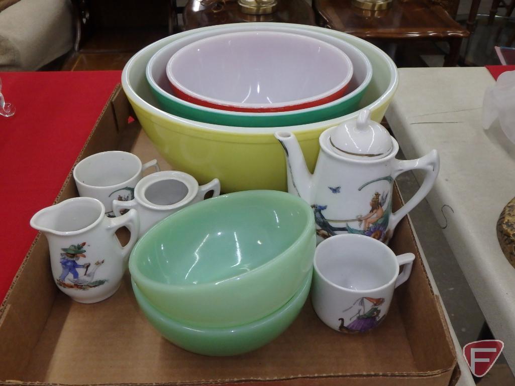 3-pc Pyrex bowl set, Fire King bowls, child tea set