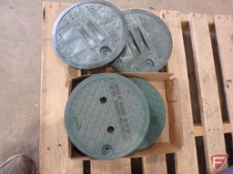 Hunter popup sprinklers and sprinkler parts: Rain Birn junction box covers, self-tapping saddles