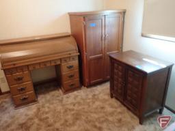 Roll top desk, 45"w x 21 3/4"d x 40 1/2"h, 2 door 3 shelf wooden cabinet, 33"w x 25"d x 54 1/2"h