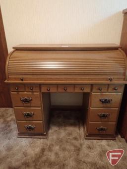 Roll top desk, 45"w x 21 3/4"d x 40 1/2"h, 2 door 3 shelf wooden cabinet, 33"w x 25"d x 54 1/2"h
