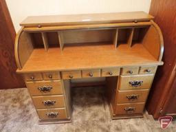 Roll top desk, 45"w x 21 3/4"d x 40 1/2"h, 2 door 3 shelf wooden cabinet, 33"w x 25"d x 54 1/2"h