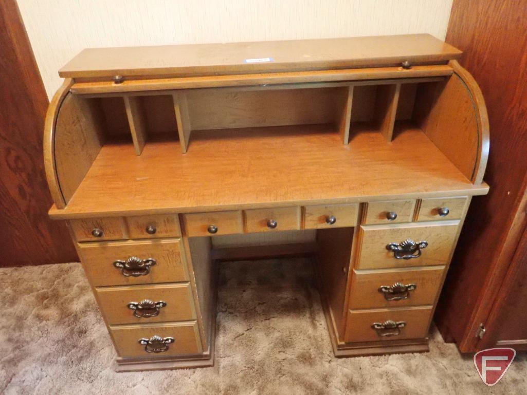 Roll top desk, 45"w x 21 3/4"d x 40 1/2"h, 2 door 3 shelf wooden cabinet, 33"w x 25"d x 54 1/2"h