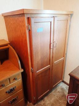 Roll top desk, 45"w x 21 3/4"d x 40 1/2"h, 2 door 3 shelf wooden cabinet, 33"w x 25"d x 54 1/2"h