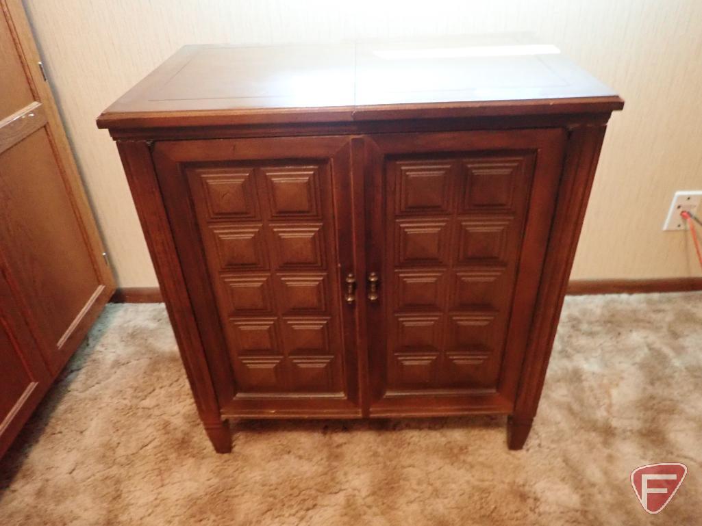 Roll top desk, 45"w x 21 3/4"d x 40 1/2"h, 2 door 3 shelf wooden cabinet, 33"w x 25"d x 54 1/2"h