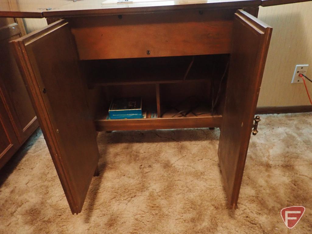 Roll top desk, 45"w x 21 3/4"d x 40 1/2"h, 2 door 3 shelf wooden cabinet, 33"w x 25"d x 54 1/2"h