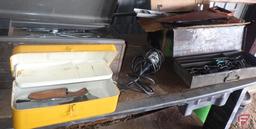 Hand tools: saws, level, sockets, wrenches, rivet tool, trouble light, hammer.