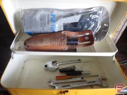 Hand tools: saws, level, sockets, wrenches, rivet tool, trouble light, hammer.