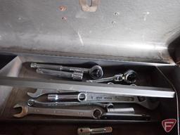 Hand tools: saws, level, sockets, wrenches, rivet tool, trouble light, hammer.